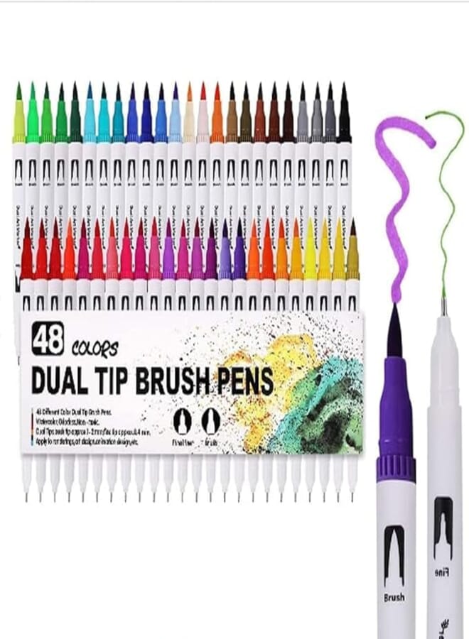 Dual Tip Brush Marker Pens 48 | 8 Colors Dual Tips Fine Point Water Based Marker Fineliner Pens, 0.4mm fine tip and 1-6mm Brush tip